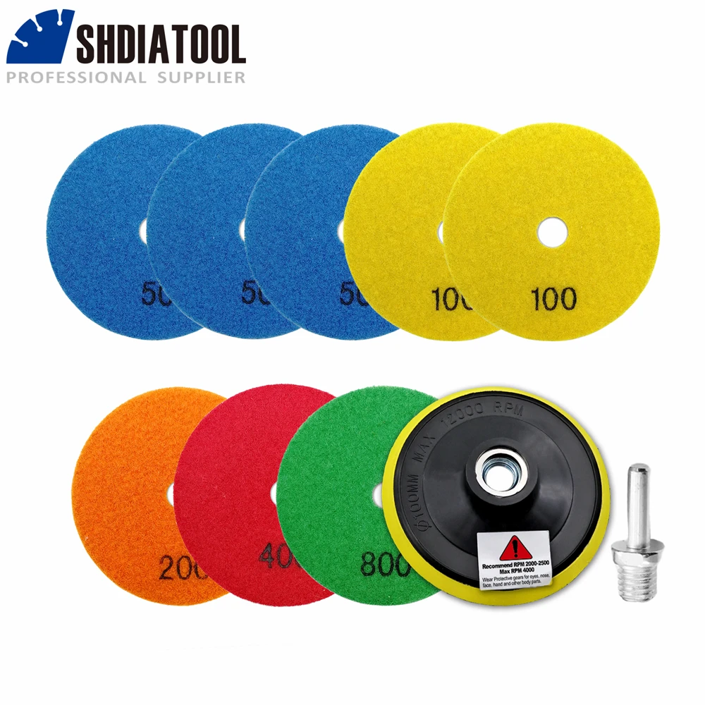 Shdiatool แผ่นขัดเพชร #50-400ขนาด4นิ้วจำนวน8ชิ้นชุดแผ่นขัดพอร์ซเลนสำหรับขัดหินแกรนิตหินอ่อนฟองน้ำขัดเงารถขัด