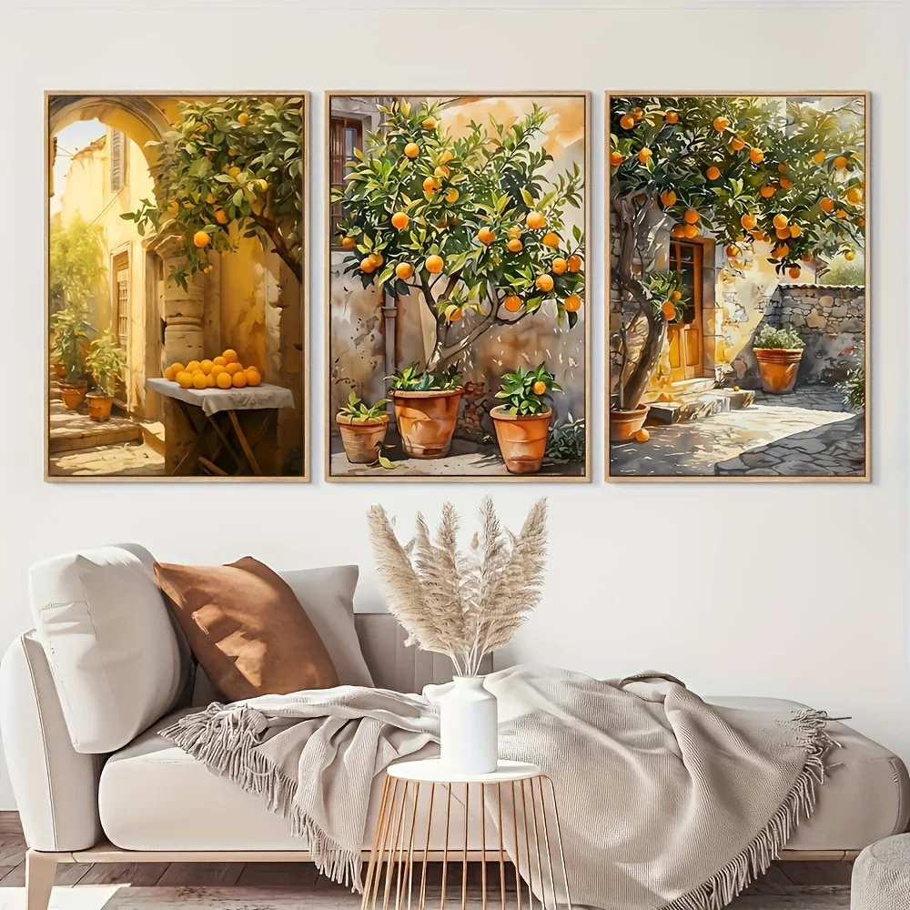 Póster con impresiones en lienzo de paisaje Cottagecore Vintage, impresiones artísticas de árbol naranja, arte de pared de estilo campestre, decoración del hogar, 3 uds.