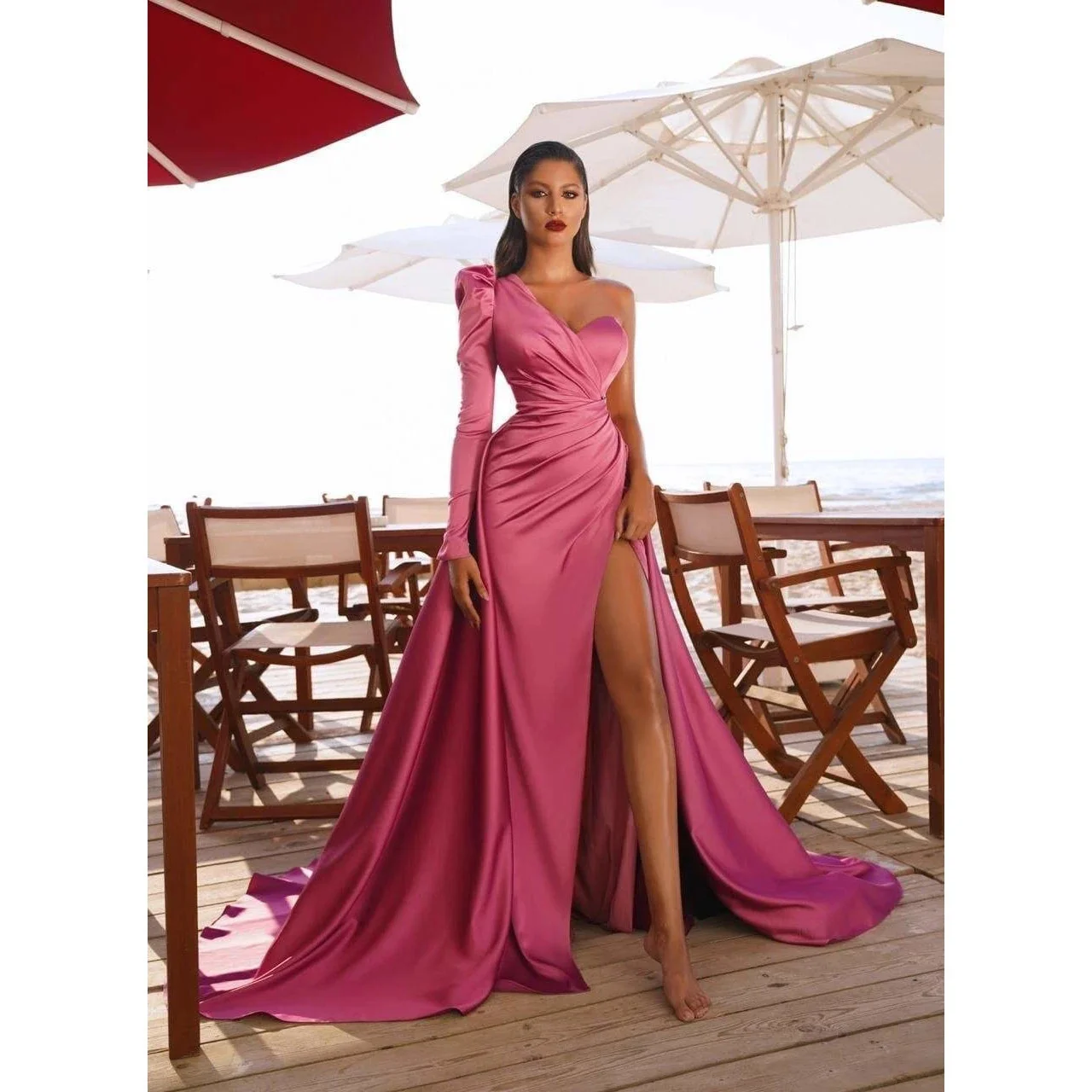 New Long Sleeved Satin Dress Long Red Cover Belly Drag Tail Banquet Bridesmaid Evening Dress Large Swing Skirt