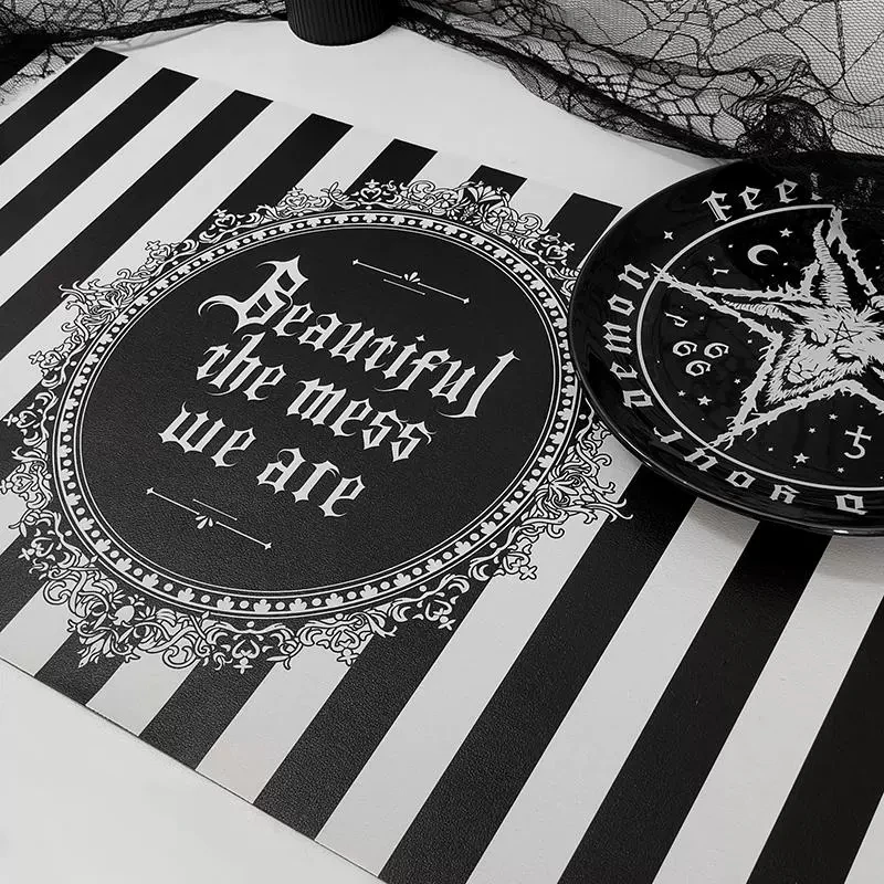 Dark Gothic Witch Style Table Mat Lolita Halloween Decoration Black White Striped Faux Leather Waterproof Oil Resistant Meal Mat