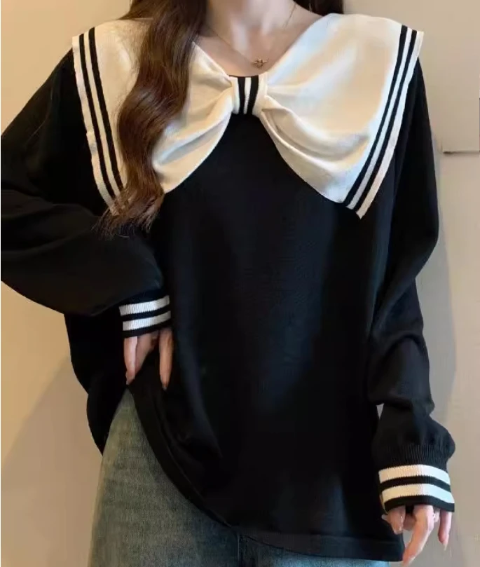 Groot formaat dames herfst contrasterende kleur strik zoete Japanse sweatershirt schattig college losse veelzijdige top met lange mouwen