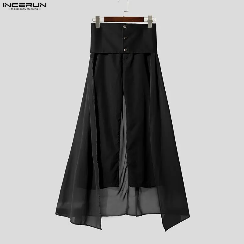 

INCERUN Men Pants Chiffon Patchwork High Waist Button Casual Trousers Men Streetwear Personality Fashion Male Long Pants S-5XL