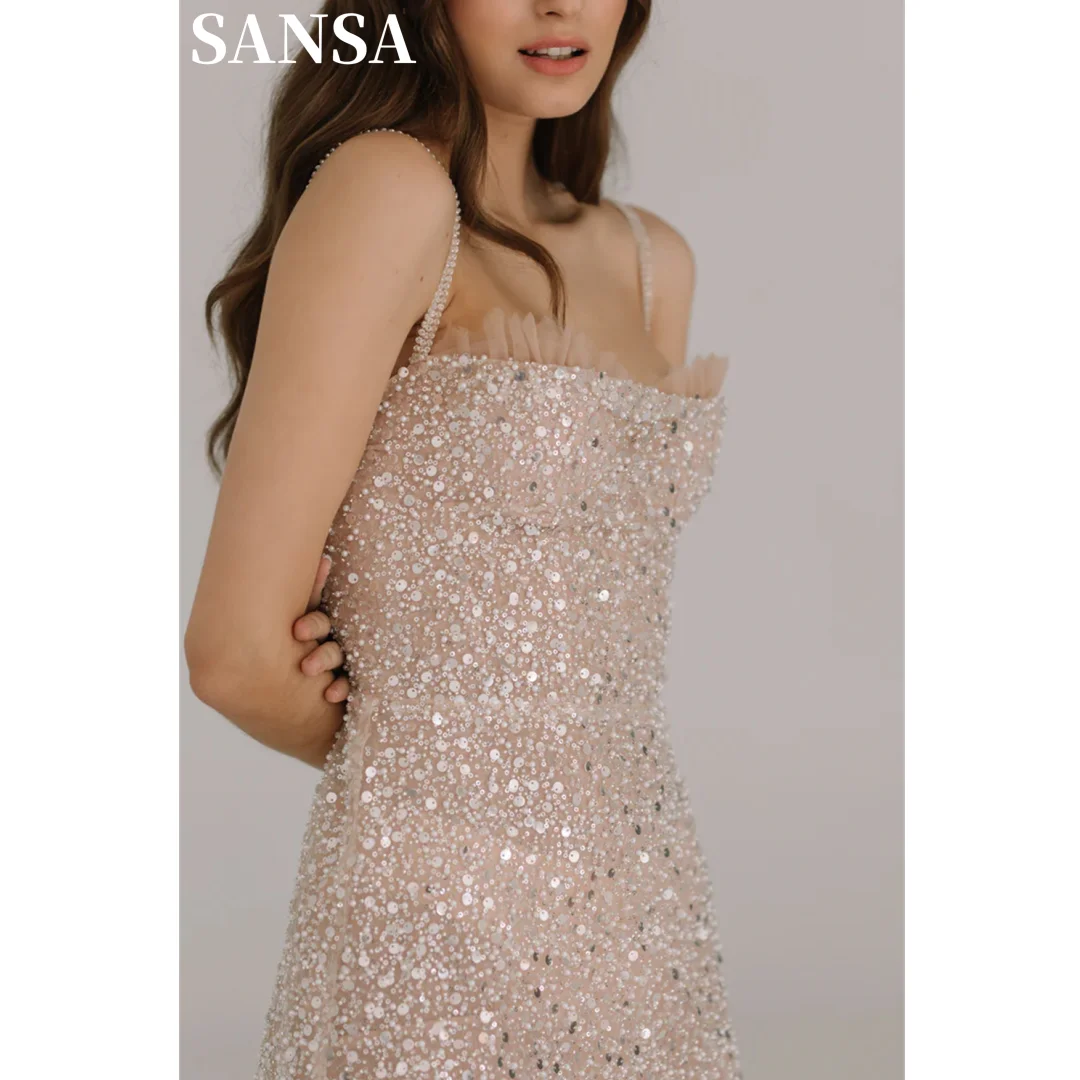 Sansa Crystal Straps Mini Wedding Dress Sexy Shining Prom Dress Sparkling Mermaid Vestidos De Fiesta فساتين سهرة