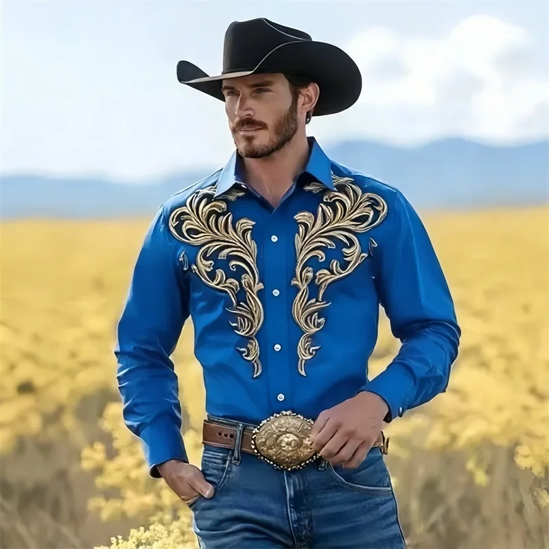 New Men's Shirt With Vine Print  Long-Sleeved  Western Cowboy Style  Fashionable And Trendy Men's Top  High-Quality Fabric.