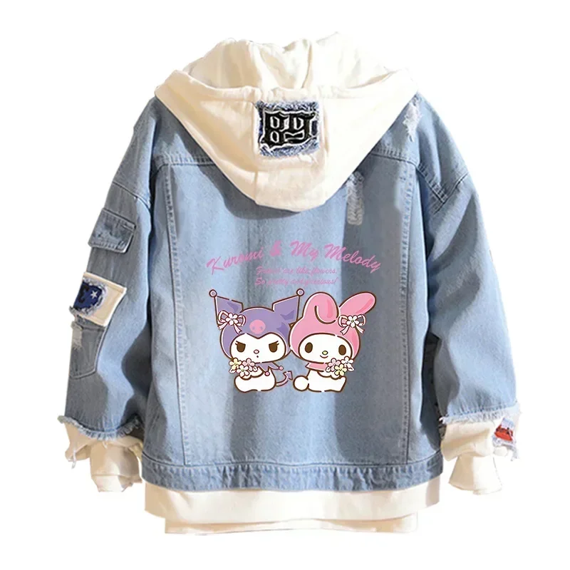 Sanrio Denim Bomber Jacket Kuromi Melody Hooded Jeans Sweatshirt Unisex Ripped Hole Cosplay Hoodie Long-Sleeved Denim Jacket