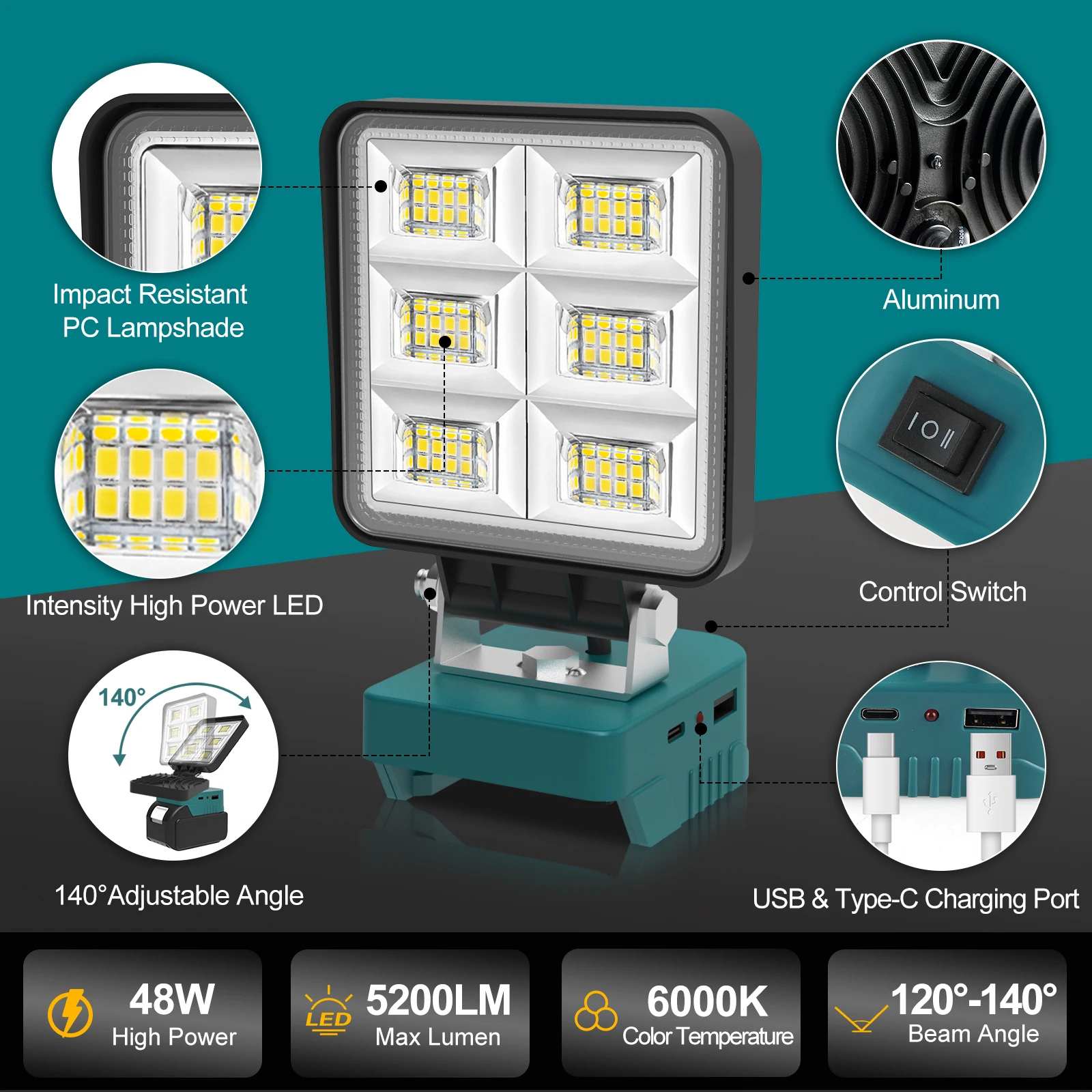 48 واط المحمولة LED ضوء العمل لديوالت/ميلووكي/ماكيتا 5200LM اللاسلكي ضوء العمل قاعدة قابلة للتعديل قابلة للشحن LED كشاف ضوء