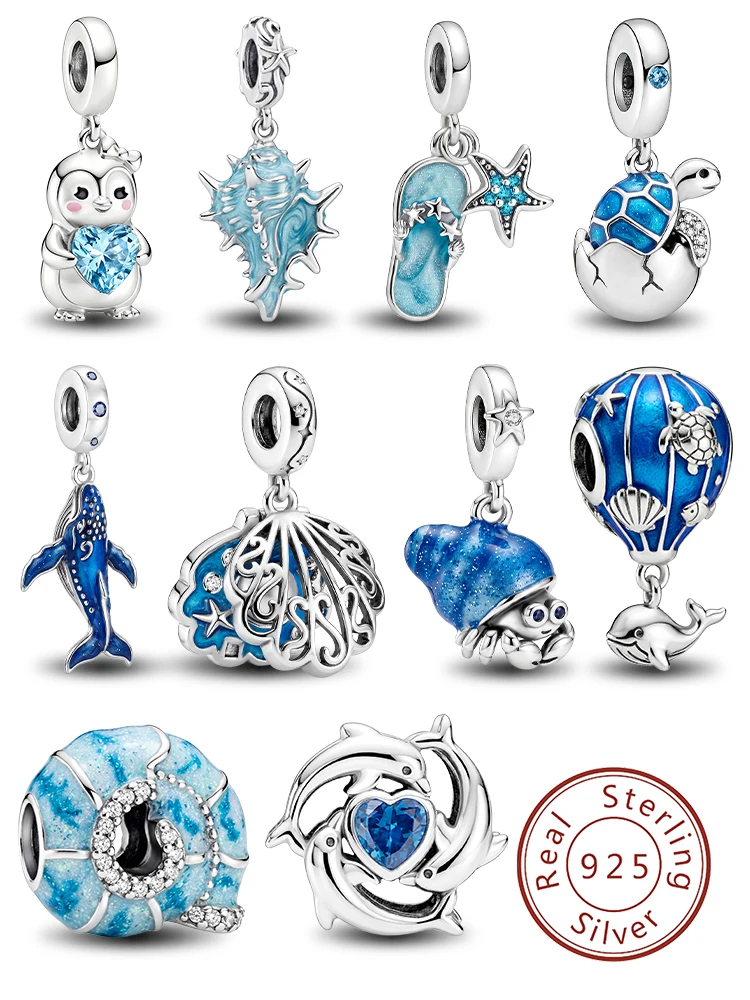 925 Sterling Silver Conch Shell Blue Whale Ocean Series Charm Pendant for Bracelets DIY Women's High Quality Fine Jewelry