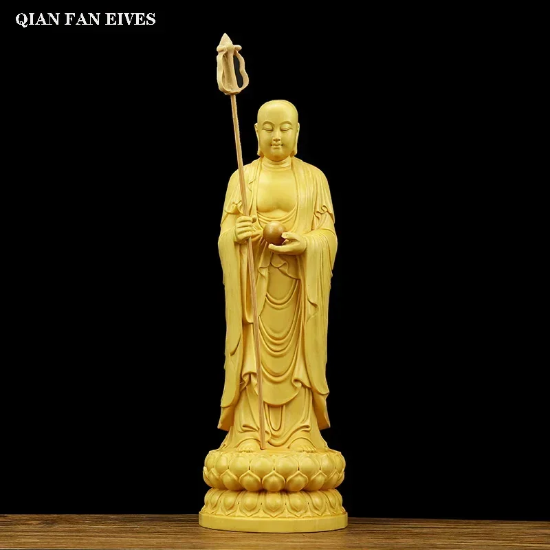 Solid wood carving Ksitigarbha statue，Traditional hand carving，Home Living Room Office Feng Shui Decoration 24cm Special offer