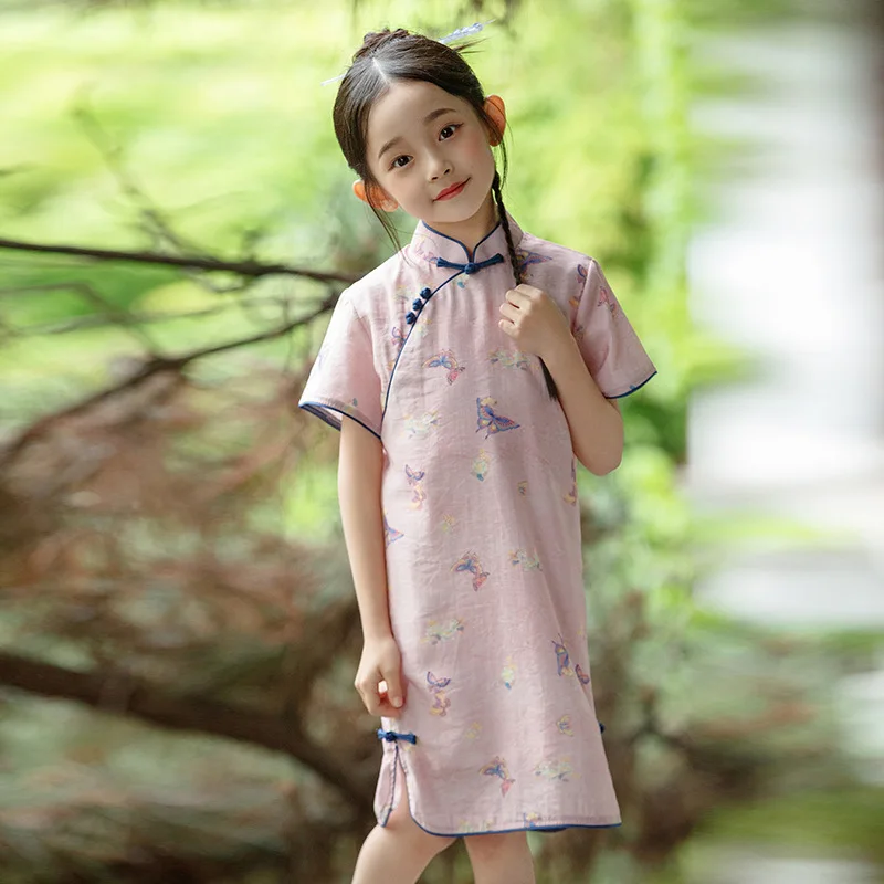 

Children's cheongsam pink high-end daily girl birthday dress short sleeve summer thin Chinese style