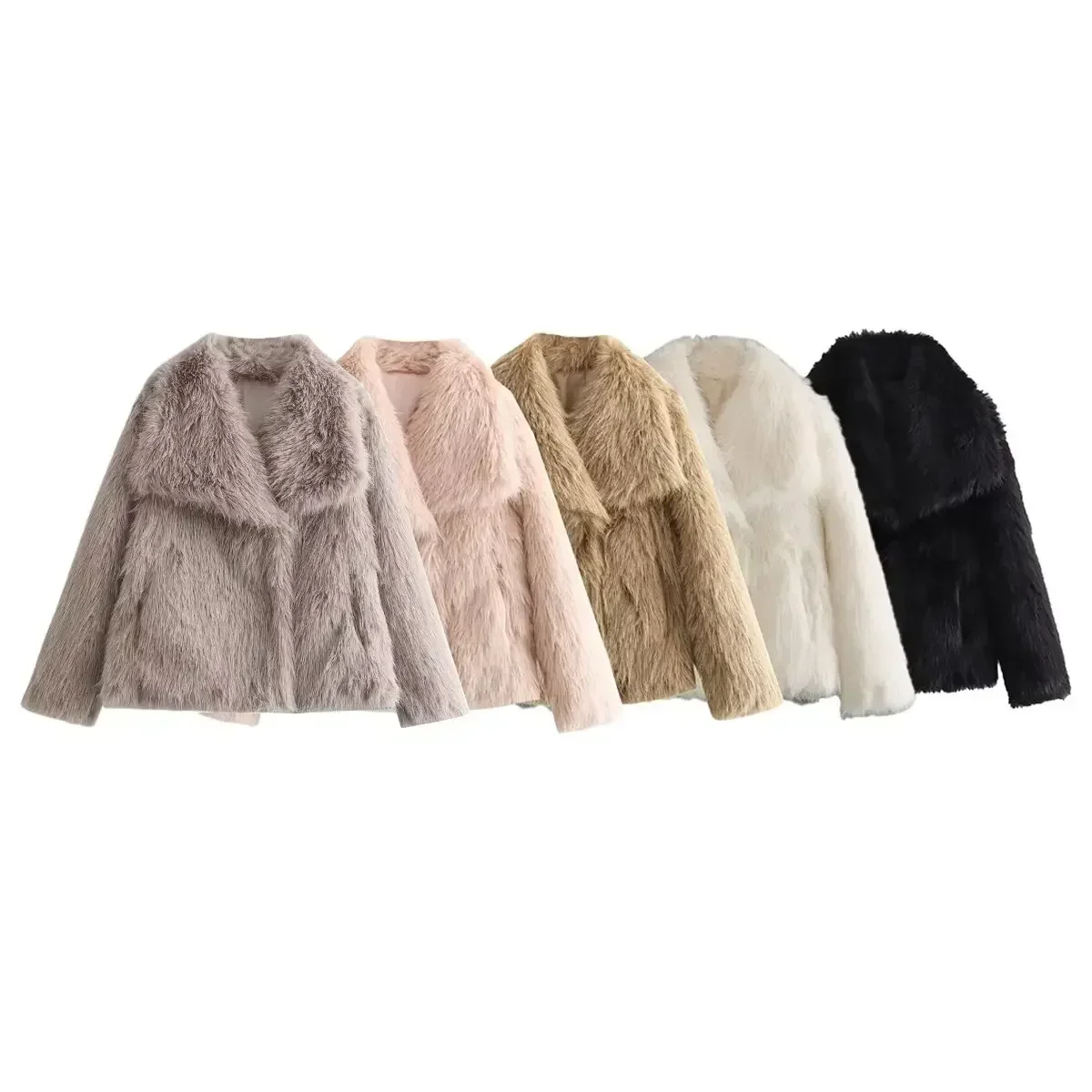 

Women New Fashion Artificial fur effect Thick Warm Large lapel Coat Vintage Long Sleeve Pockets Female Outerwear Overshirt