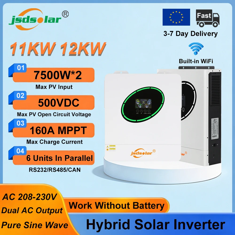 Jsdsolar Inverter Solare Ibrido 11KW 12KW 48V 230V Off Grid Inverter Solare Parallelo MPPT 160A Regolatore di Carica Solare Doppio Ingresso PV Schermo a Colori Inverter PV a Onda Sinusoidale Pura con