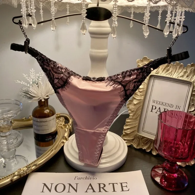 New Women's Satin Lace Thong Panties Low Waist Bow Hollow Out Soft Breathable Very Comfortable Elegant Fashion Women Underwear