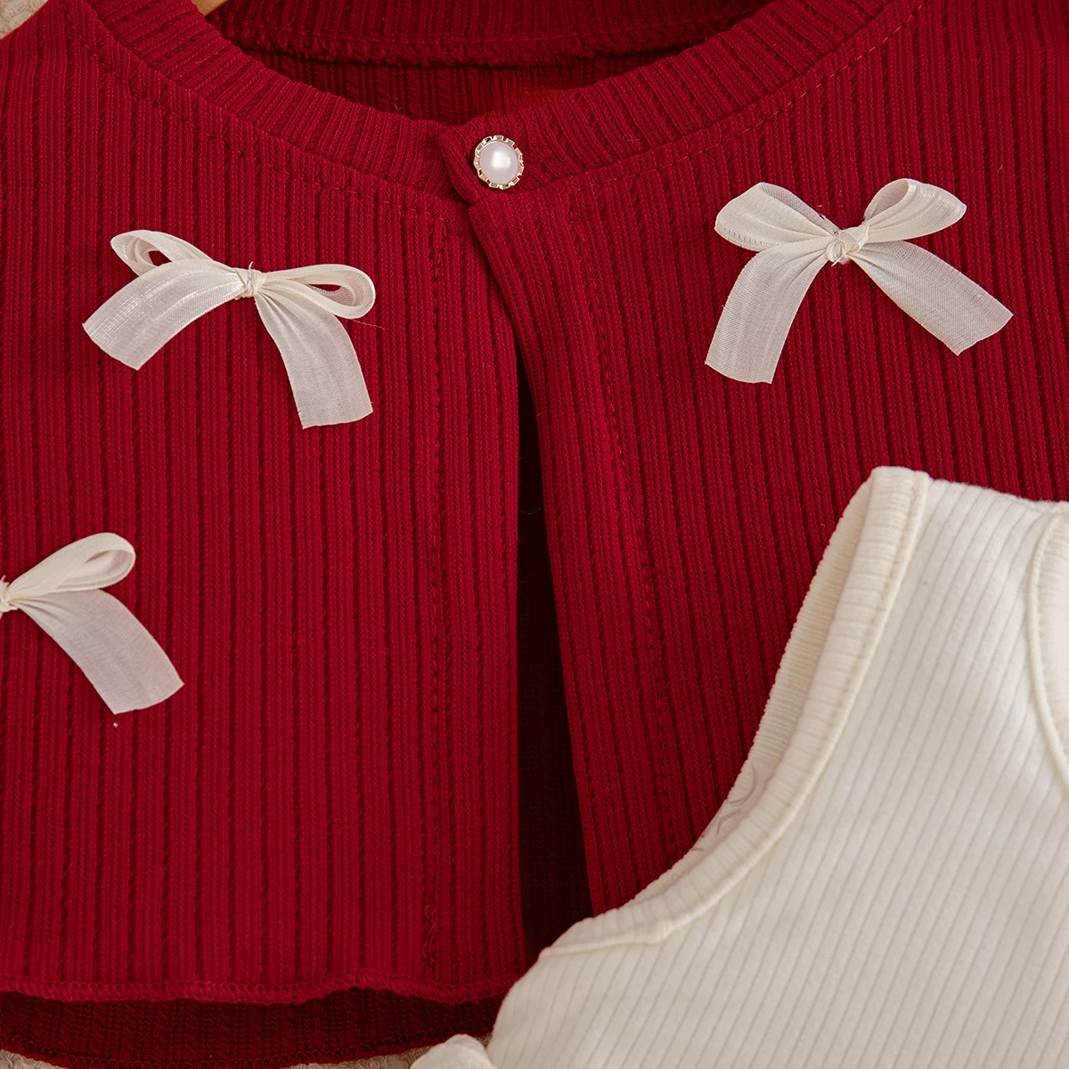 Baby-Mädchen-Kleidungsset: Rote Strickjacke mit Schleife und ärmellosem mehrlagigem Kleid, 2-teiliges Prinzessinnen-Outfit für Mädchen für die Weihnachtsfeier – Detail 18