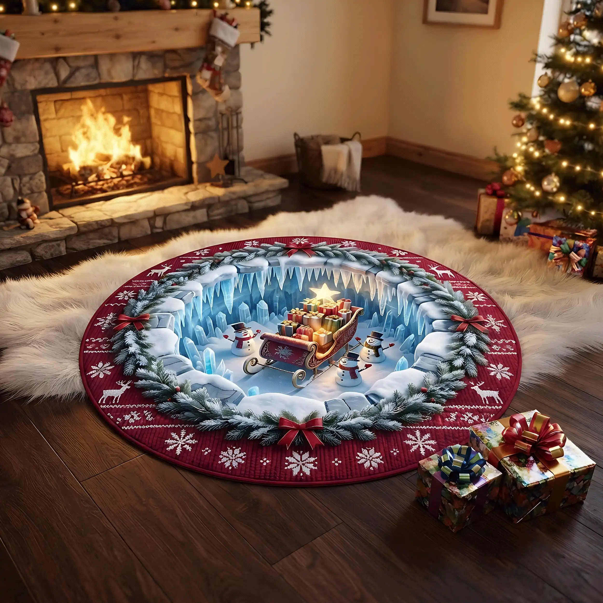 Ice Cave Snowman Christmas Sledge Circular Mat 3D Festive Snowflake Reindeer Print Area Rug Winter Party Ground Decoration
