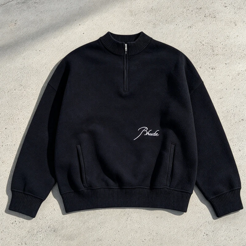 RHUDE Sweater Streetwear Trendy Half Zipper Knitted Pullover Handwritten Embroidery Stand Collar Loose Sweaters