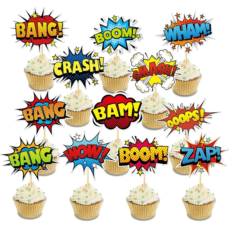 Decoración de magdalenas de superhéroe Boom, decoración de tarta de feliz cumpleaños para niños, suministros de fiesta de cumpleaños temática de héroe