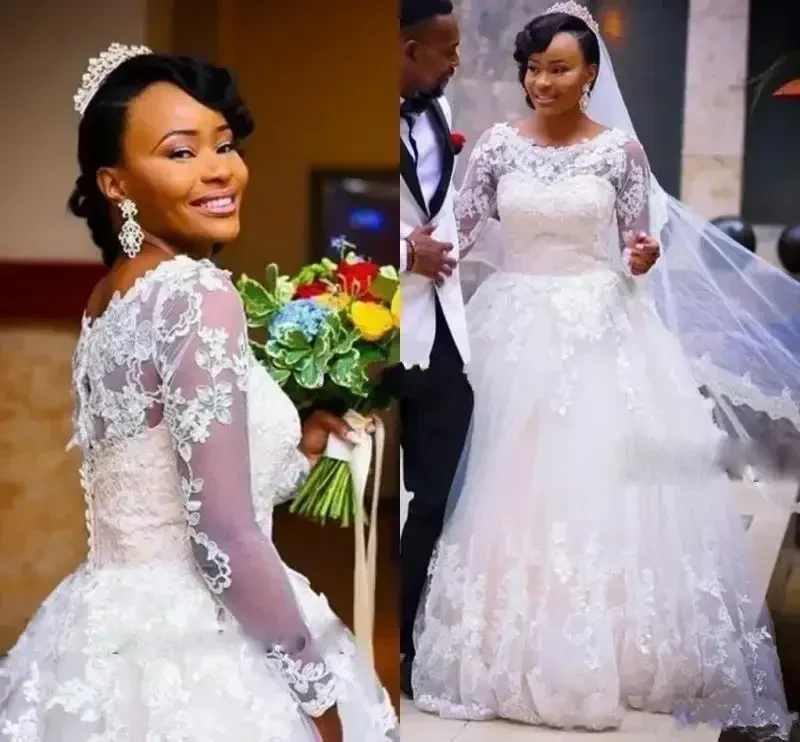 Customized Saudi Arabia Illusion Long Sleeves Scoop Sheer Neckline Back Covered Button Lace Wedding Dress Puffy Plus Size