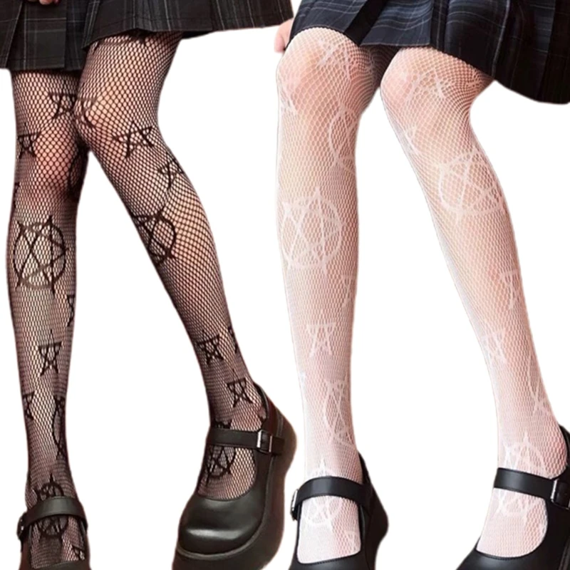 Women Girls Gothic Punk High Waist Tights Harajuku Anime Magical Five-Pointed Star Jacquard Patterned Mesh Fishnet