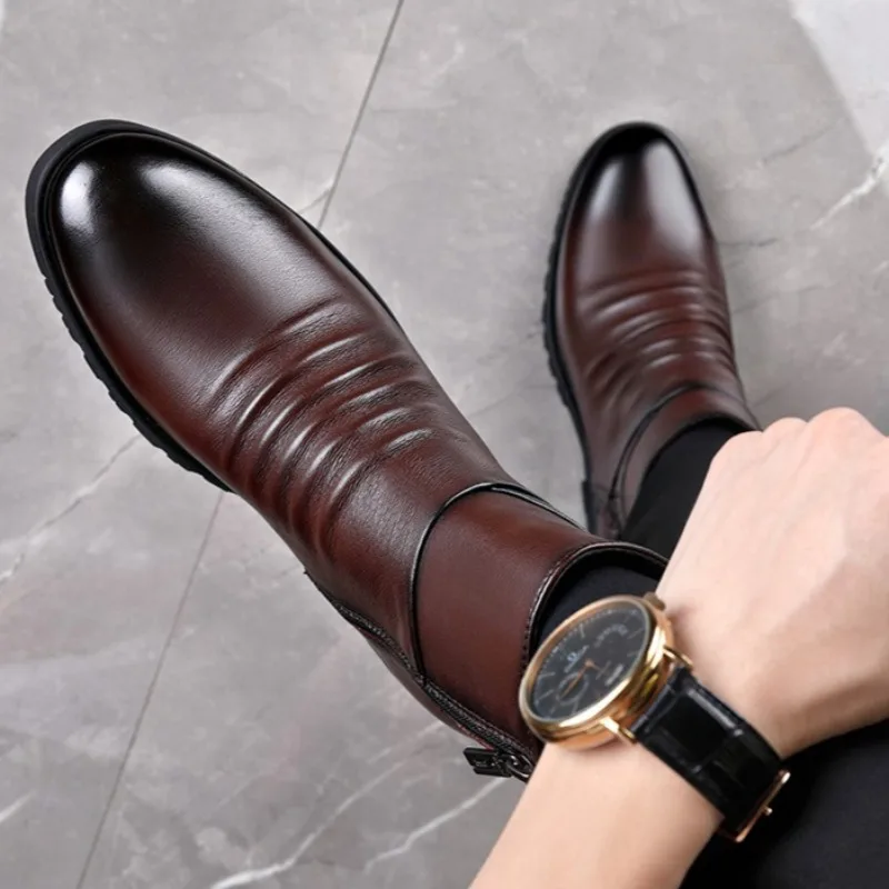Genuine Leather Men Boots High Quality Cowhide Leather Boots Fashion High Top Motorcycle Boot Men's Business Casual Dress Boots