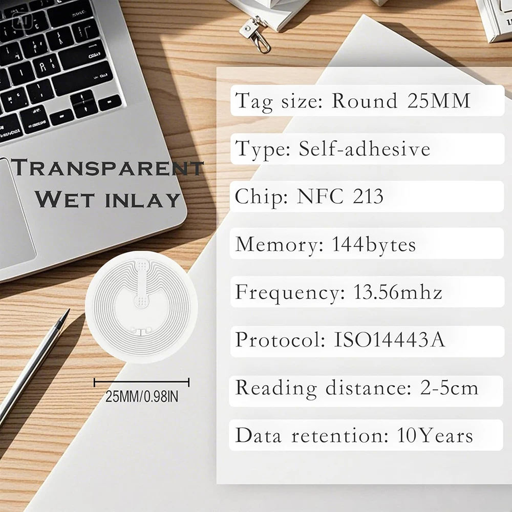 NFC ステッカー Ntag213 ラベル 25mm 白色 空白 円形ステッカー、書き込み可能、プログラム可能、144 バイトのメモリ