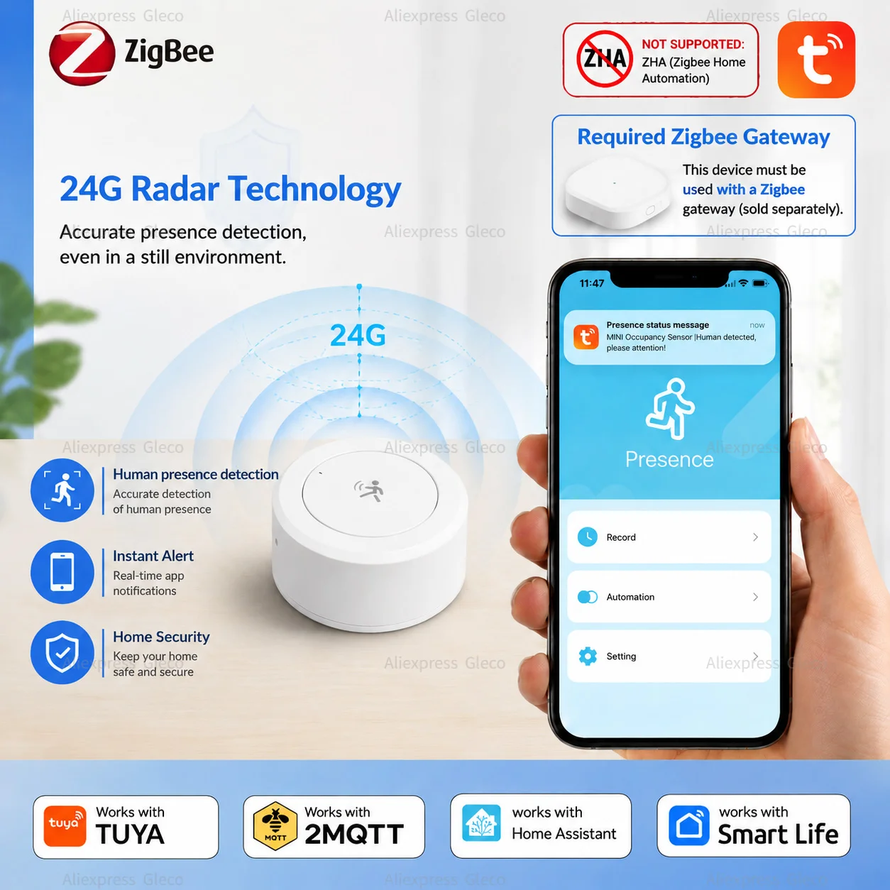 Détecteur de présence humaine Zigbee, capteur de mouvement intelligent par radar 24G, automatisation de la maison intelligente TUYA, fonctionne avec Smart Life Home Assistant Z2M