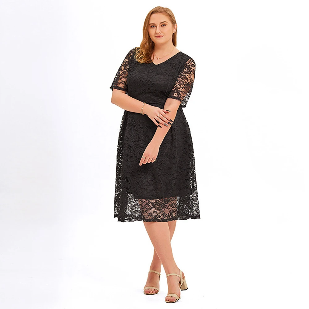 Plus Size Elegant Summer Wedding Party Light Dress Guest Bridesmaid Lady Lace Midi Dress Female Clothes Large Skirt Chubby Woman