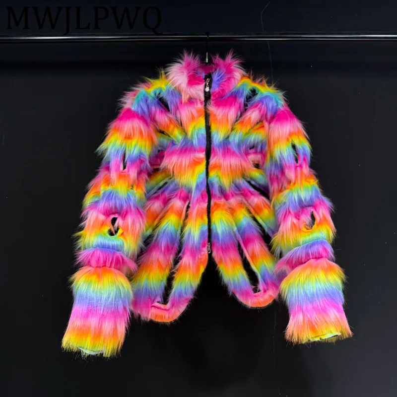 

MWJLPWQ High-End Colorful Fox Fur Design Zipper Furry Short Coat Male High Street Hollow Out Long Sleeve Winter Casual Top 12878