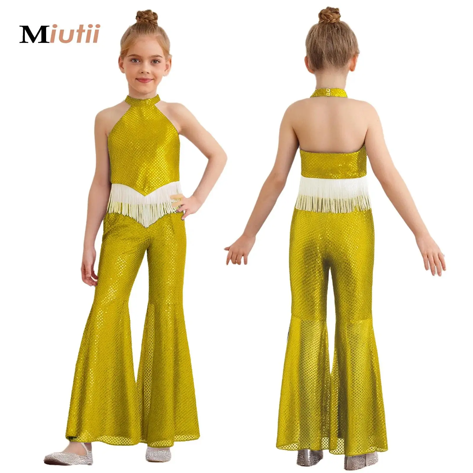 

Girls Metallic Shiny 70s 80s Hippie Costume Jazz Disco Dance Set Sequin Tassels Crop Top with Bell-Bottom Pants Carnival Cosplay
