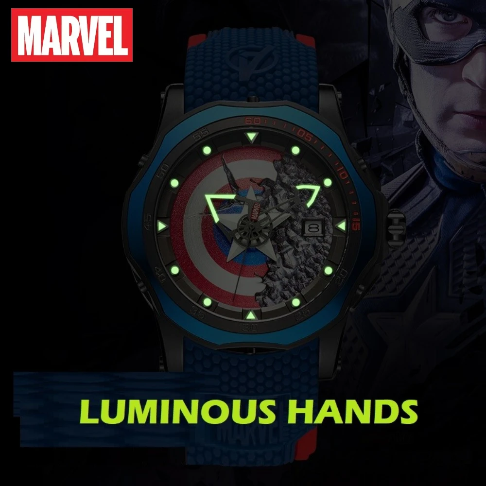 The Avengers Captain America Shield Disney Marvel Watch  100M Waterproof Male Quartz Clock Blue Belt Silicone Relogio Masculino