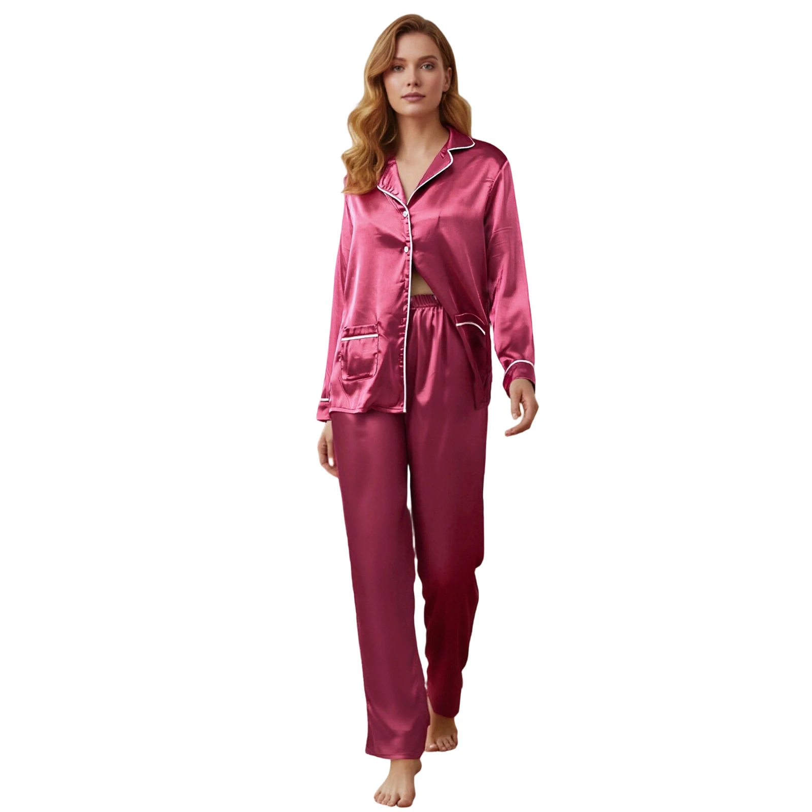 

Женские атласные пижамные комплекты с модной контрастной цветной отделкой, топы на пуговицах с длинными рукавами и брюки, мягкая одежда для сна из 2 предметов