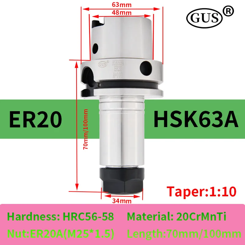 Mandrin à pince de broche CNC, porte-outil de haute précision, allumer es-outils à cinq axes, poignée de couteau, 0.002mm, HSK63A, ER16, ER20, ER25, ER32, ER40