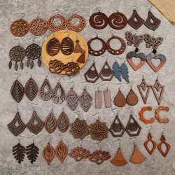 Fashion Engraved African Ethnic Wooden Drop Earrings Laser Cutting Carved Natural Wood Dangle Jewelry For Women Gifts