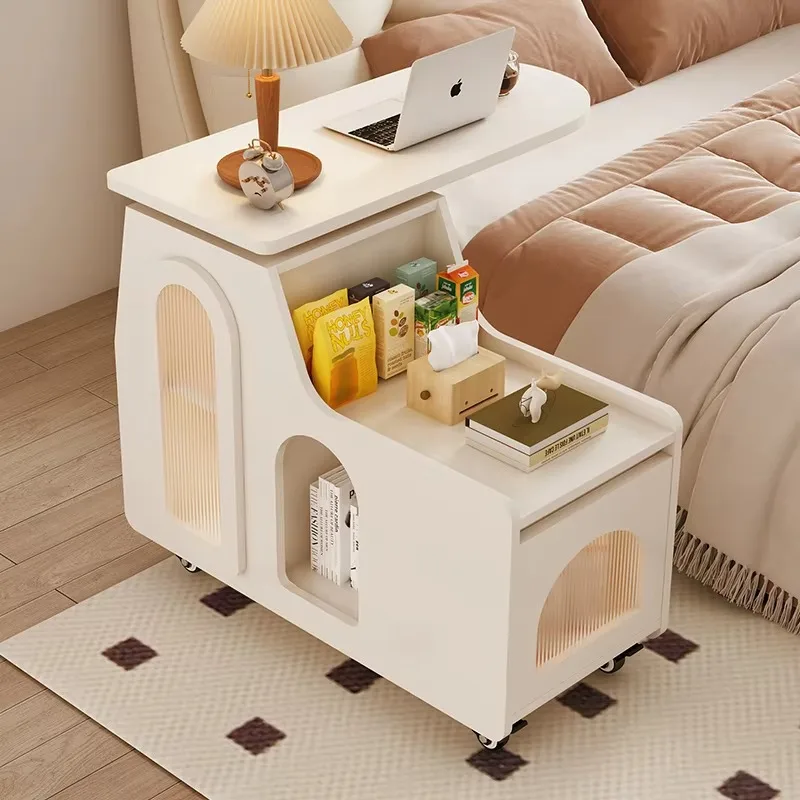 Modern Small Desk Movable Rotating Bedside Table Solid Wood Sofa Coffee Table with Laptop Desk for Bedroom Home Use