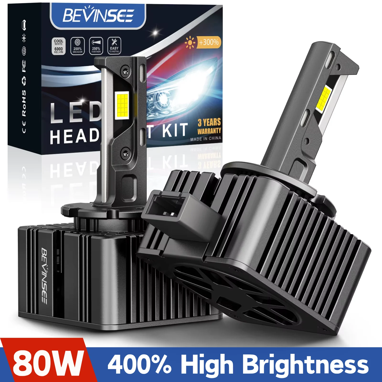 

BEVINSEE D1S LED CANBUS Lamp D3S D1R D3R D2S D2R D5S LED Car Headlight Bulb 80W 8000LM HID Xenon Replacement Plug&Play 6000K 12V