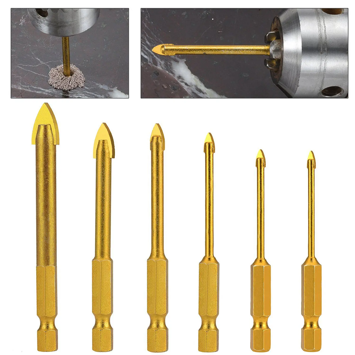 6pcs Glass Drill Bits Set Tile Ceramic Drilling Set 3/4/5/6/8/10mm with 1/4inch Hex Shank for Porcelain Marble Mirror