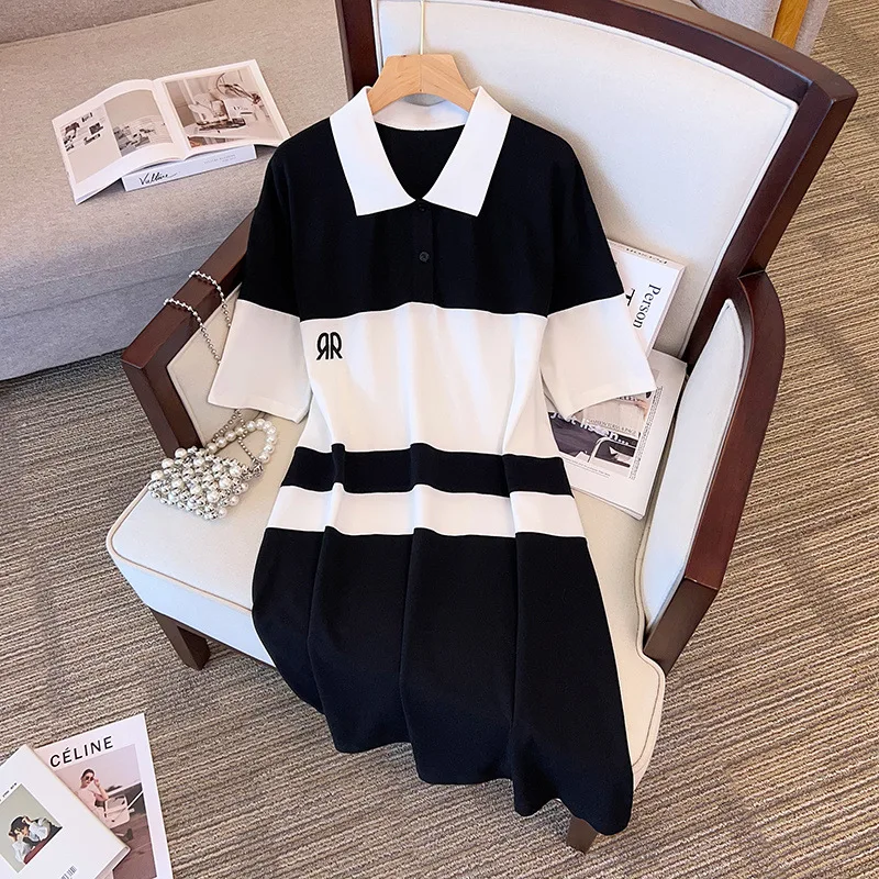 Extra Large Women's Pearl Cotton Dress Summer Show Slim Mid Length Dresses 100/150/175kg Women Polo Dress Vestidos De Mujer