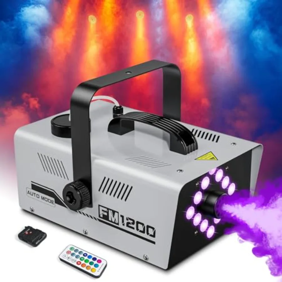 

Fog Machine Outdoor Indoor 1200W, 6000CFM Smoke Machine with 12 LED Lights, 13 Colors and 4 Effects, Dual Wireless Remotes and