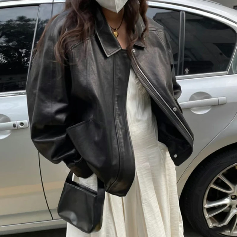 2025 Autunno pigro stile motociclista retrò giacca di pelle di pecora moda donna allentata casual nero / caffè giacca oversize in vera pelle