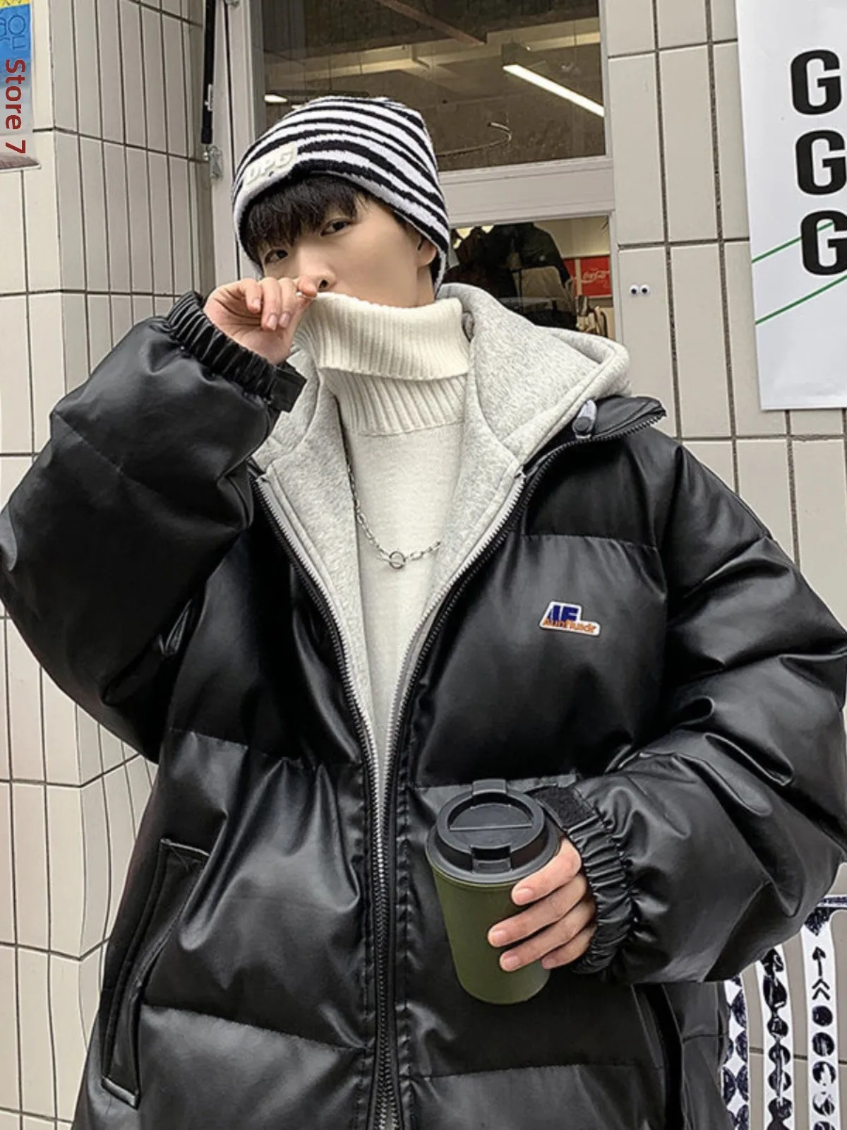 طقم جايت قطني من جلد البولي يوريثان رائع للرجال شتوي معطف الخبز ثينيد ستيل مناسب بغطاء للرأس بألوان متباينة #2