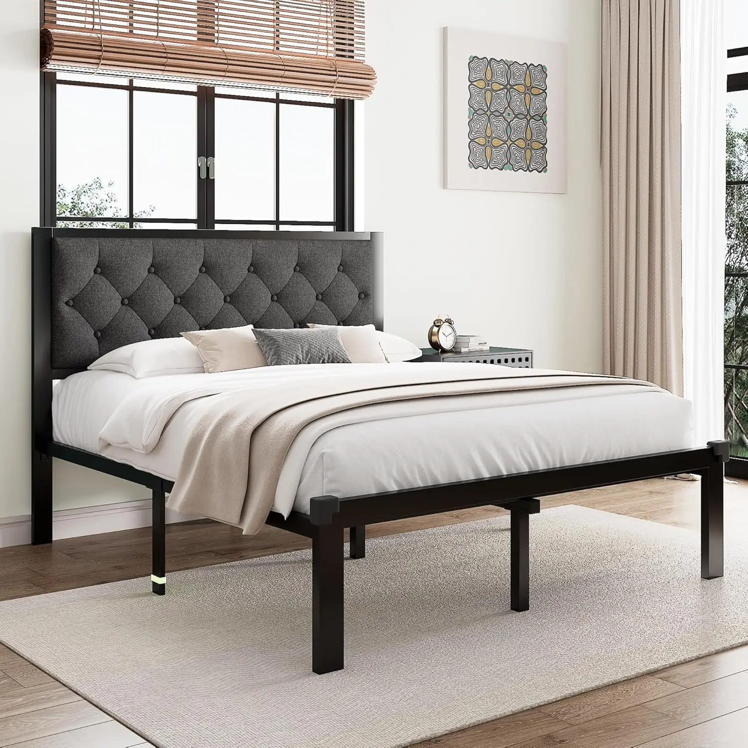 

Metal Platform Bed Frame with Button Tufted Linen Upholstered Headboard, Sturdy Steel Slats, No Box Spring Needed