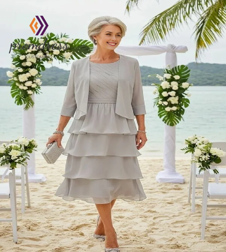 

Summber Beach Gray Mother Of The Bride Dress With Jacket Two Piece Tiered Chiffon Wedding Guest Dress Elegnt Mom Party Customize