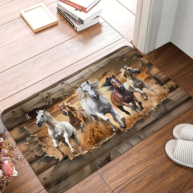 سجادة باب حصان الجري ثلاثية الأبعاد مع تصميم نسيج خشبي سجادة مدخل غير قابلة للانزلاق لديكور المنزل وغرفة المعيشة وغرفة النوم والديكور الديناميكي
