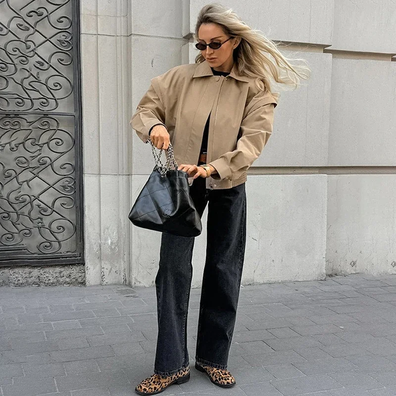 Khaki Short Windbreaker Women Flip Collar French Casual Workwear Coat Loose Pilot Jacket Autumn Fall New Fashion Female Clothing