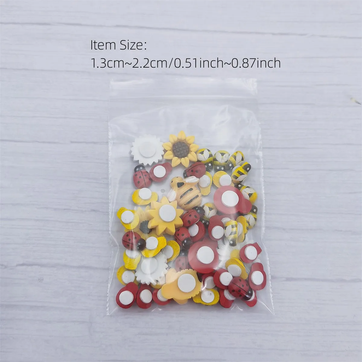 50pcs 13~22mm Self-Adhesive Resin Wood Mixed Bees Ladybugs Daisy Sunflower Flatback Stickers Embellishments For DIY Scrapbooking