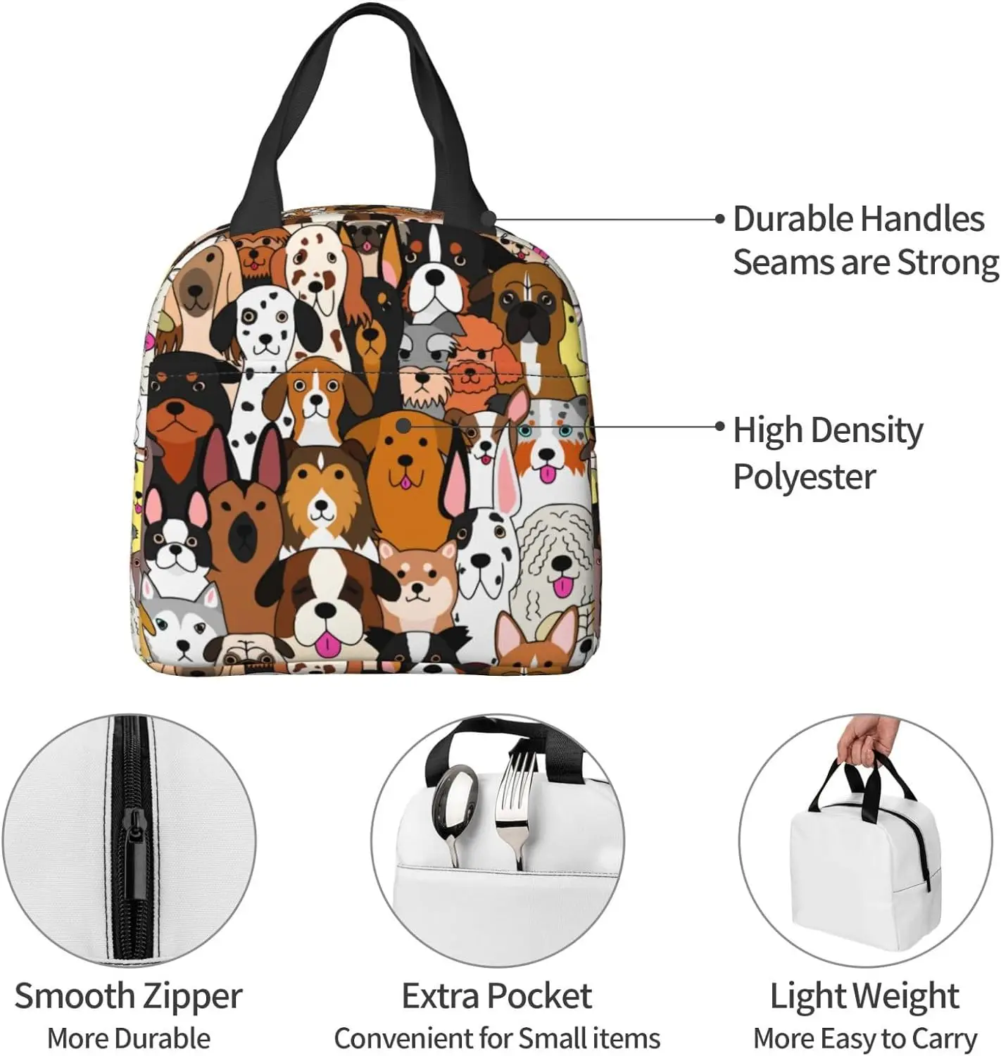 Cute Dogs Animal Print Lunch Bag Compact Tote Bag Reusable Lunch Box Container For Women Men School Office Work, 6l