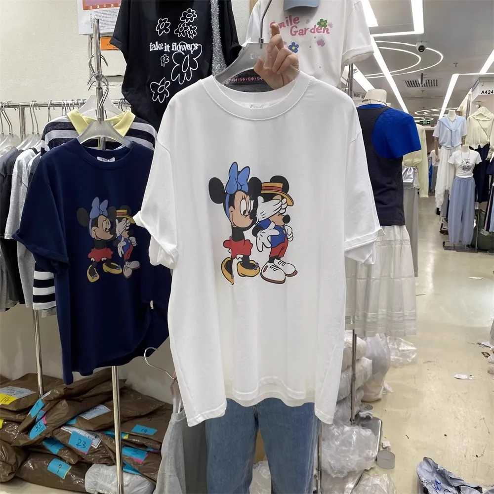 ديزني النسخة الكورية الجديدة من ميكي الرسوم المتحركة الكرتون الطباعة فضفاضة عادية قصيرة الأكمام تي شيرت الرجال والنساء بلايز