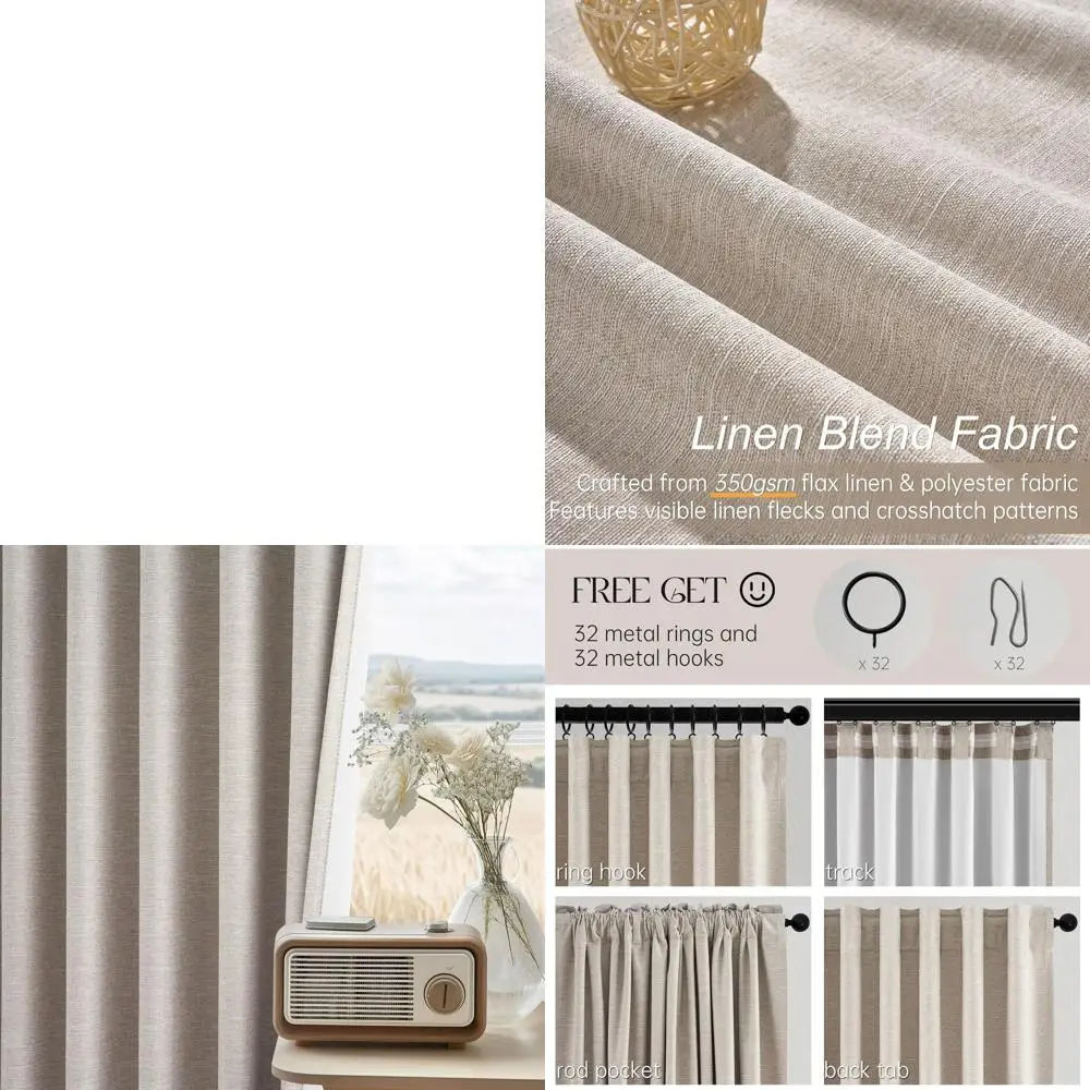 

Натуральные льняные шторы блэкаут 105 см, деревенский коричневый цвет, с защипами, звукоизоляционные, в нейтральном фермерском стиле, комплект из 2 панелей для спальни