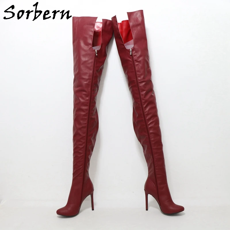 Sorbern 80Cm Crotch /100Cm Out Shaft Length Boots Women High Heel Wine Red Black Matte Shoes Round Toe Custom Crossdresser Boot