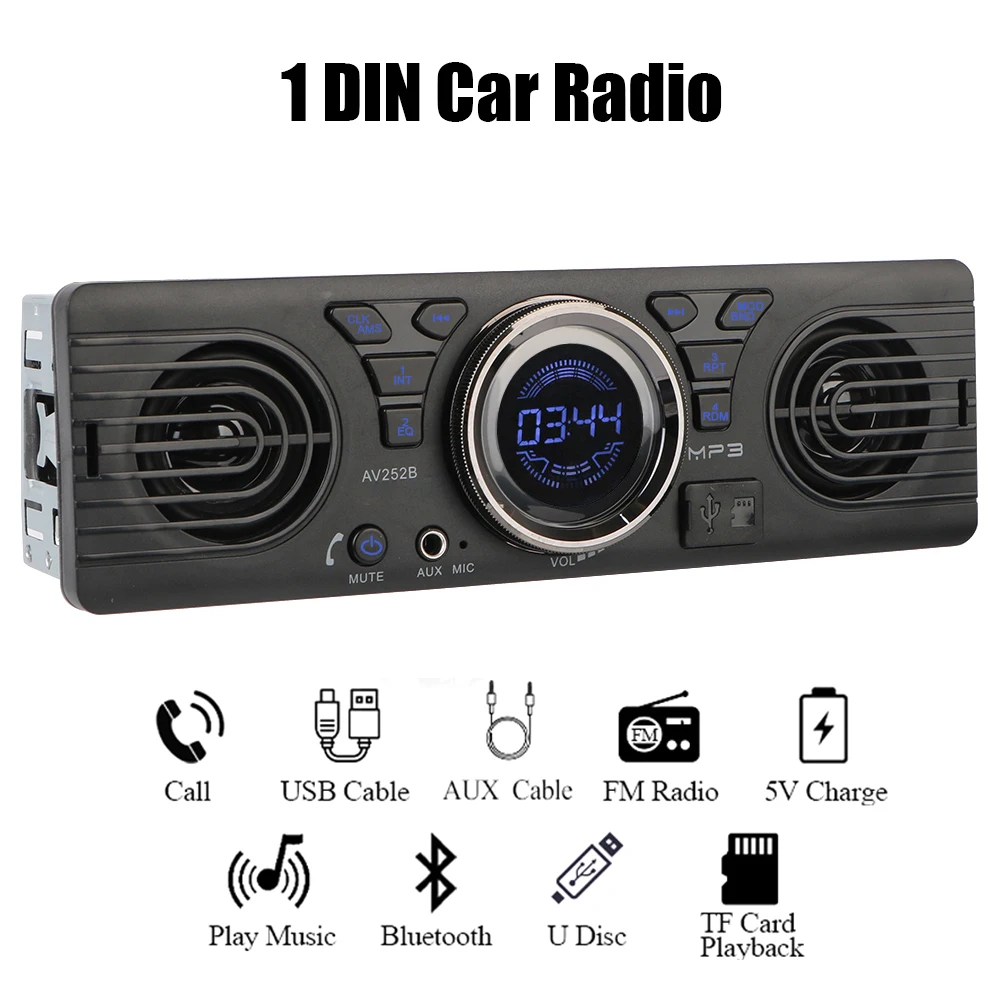 

Автомагнитола с USB, TF-картой, AUX-входом, MP3-плеером, цифровыми часами, встроенными 2 динамиками, 1 DIN, FM-радио, Bluetooth, функцией громкой связи
