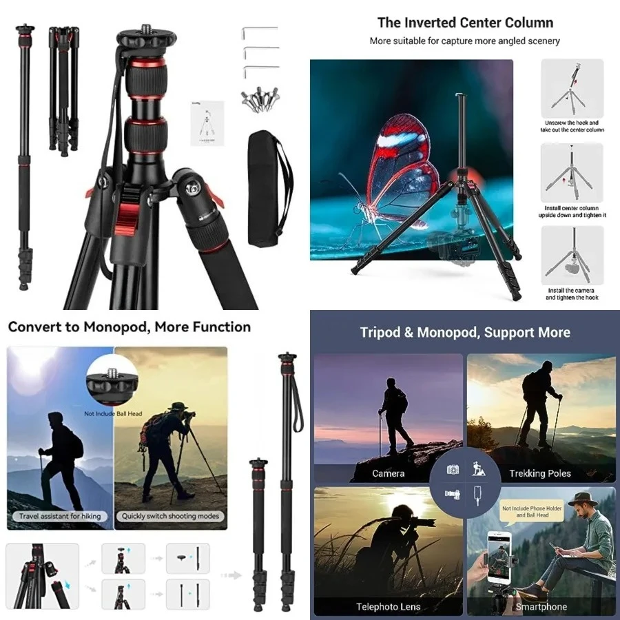 

T-10 Camera Tripod, 68" Foldable Aluminum Tripod & Monopod, Compatible with 1/4"-20 and 3/8"-16 Video Head, Payload 33lb, Adjustable Height from 19.7" to 67.7" for Camera